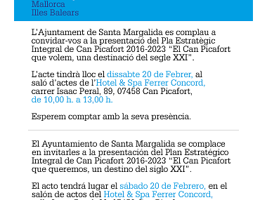 Presentació del Pla Estratègic Integral de Can Picafort 2016-2023. "El Can Picafort que volem, una destinació del segle XXI"